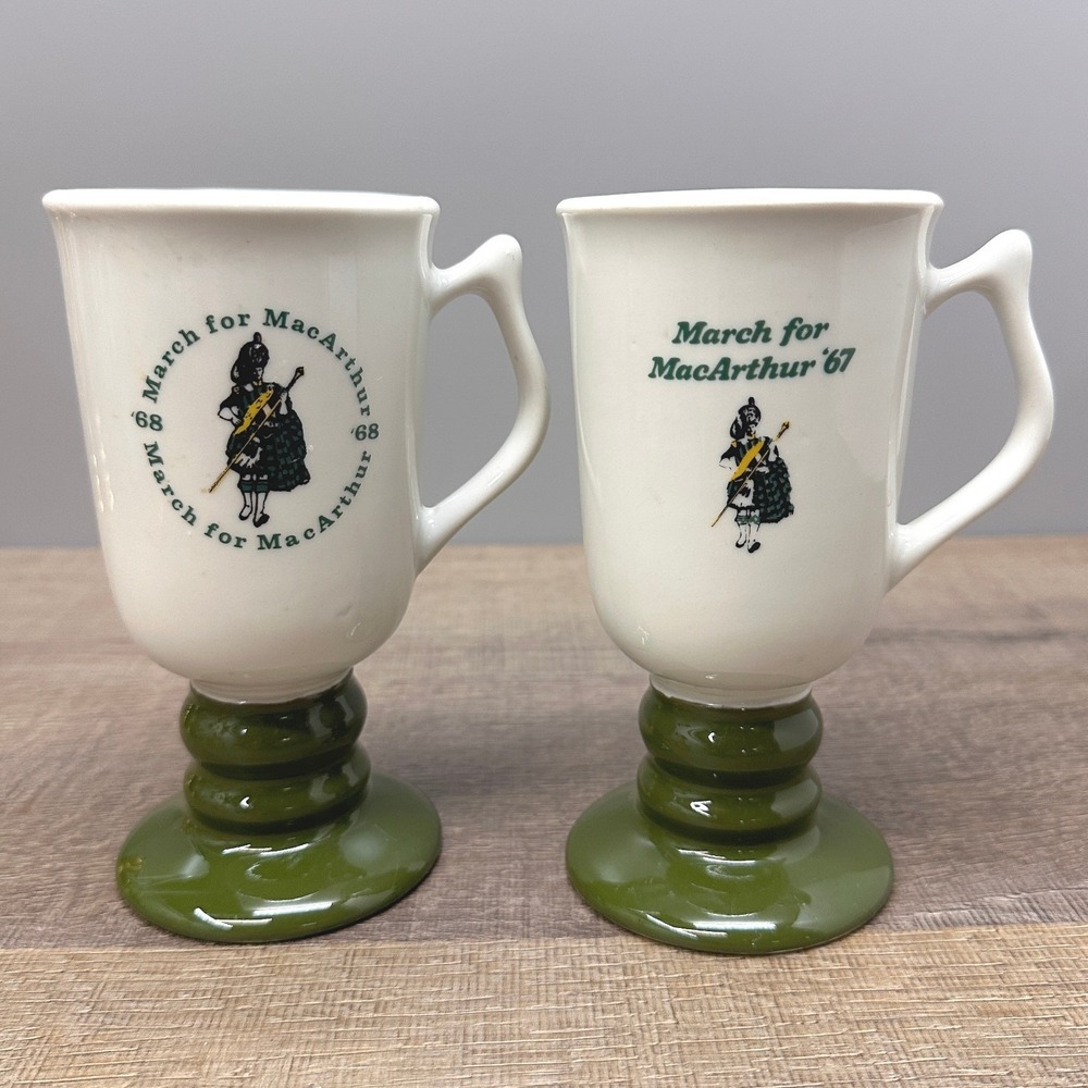 Vintage Hall Mugs March For MacArthur 1967 1968 Pair Green Pedestal 1273 USA